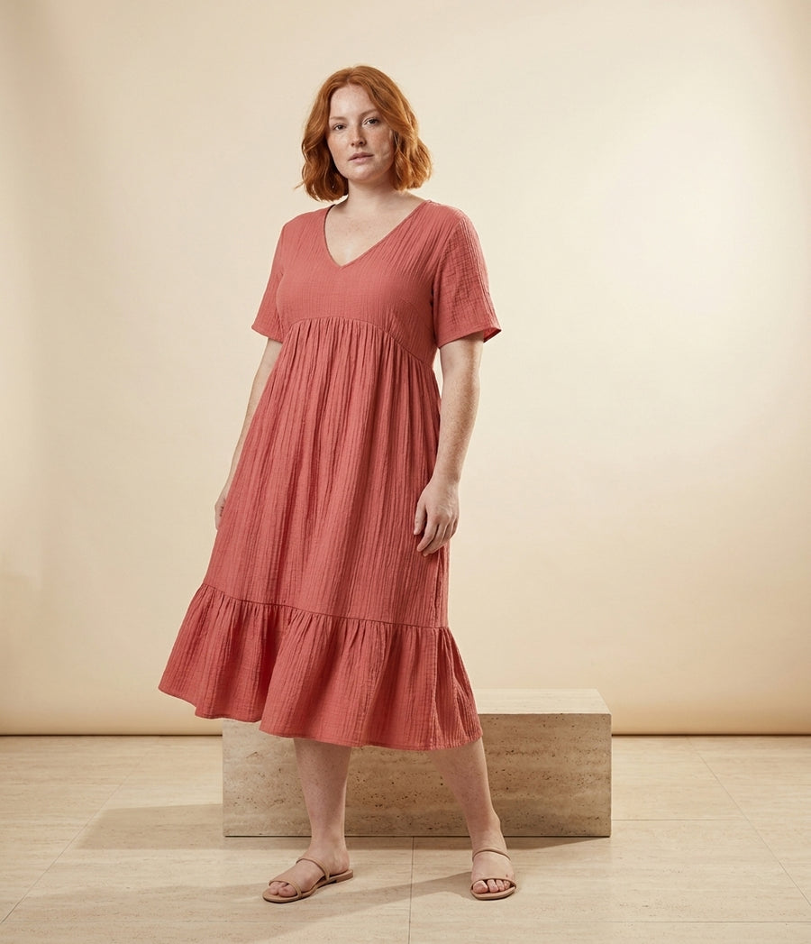 Relaxed V-Neck Ruffle Hem Mini Dress