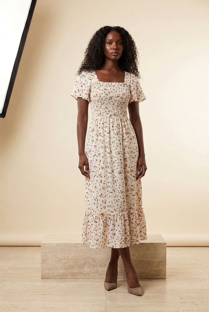Floral Shirred Chiffon Midi Dress