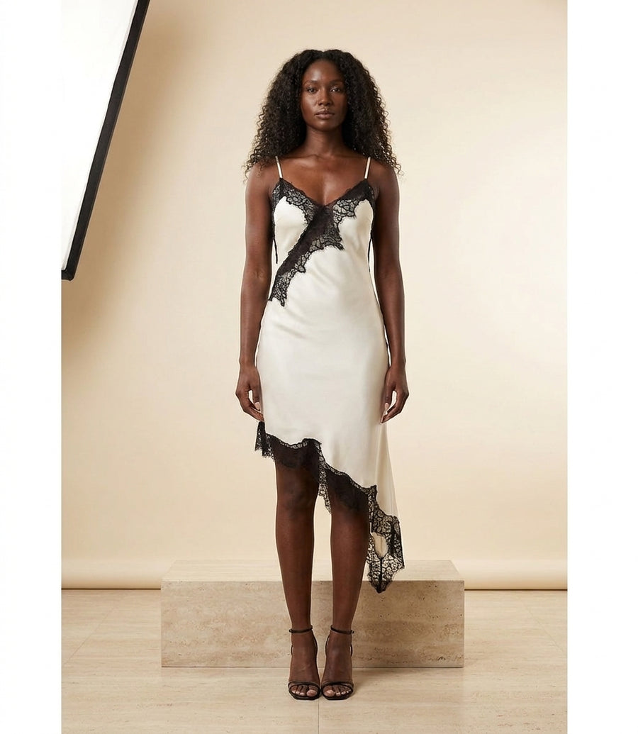 Lace Trim Asymmetric Satin Slip Mini Dress