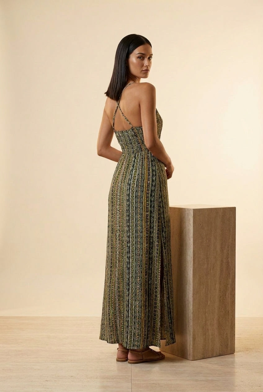 Bohemian Printed Strappy Split Maxi Dress