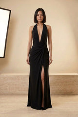 Plunge Halter Ruched Split Maxi Dress in Black, front view – Petopet
