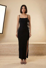 Ribbed Strappy Backless Split Midi Dress in Black, front view – Petopet