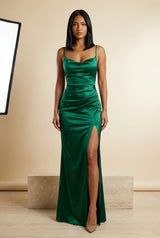 Velvet Cowl Neck Split Maxi Dress in Green, front view – Petopet