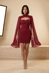 Sequin Cape Sleeve Cut-Out Mini Dress in Red, walking view – Petopet