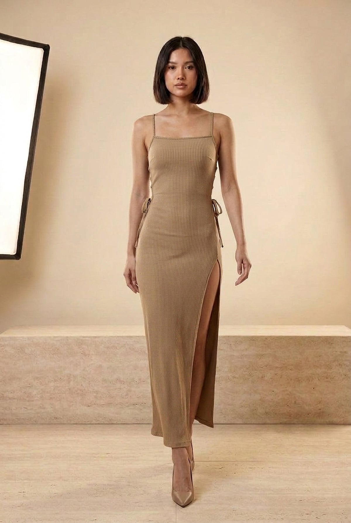 Ribbed Strappy Backless Split Midi Dress in Taupe, walking view – Petopet