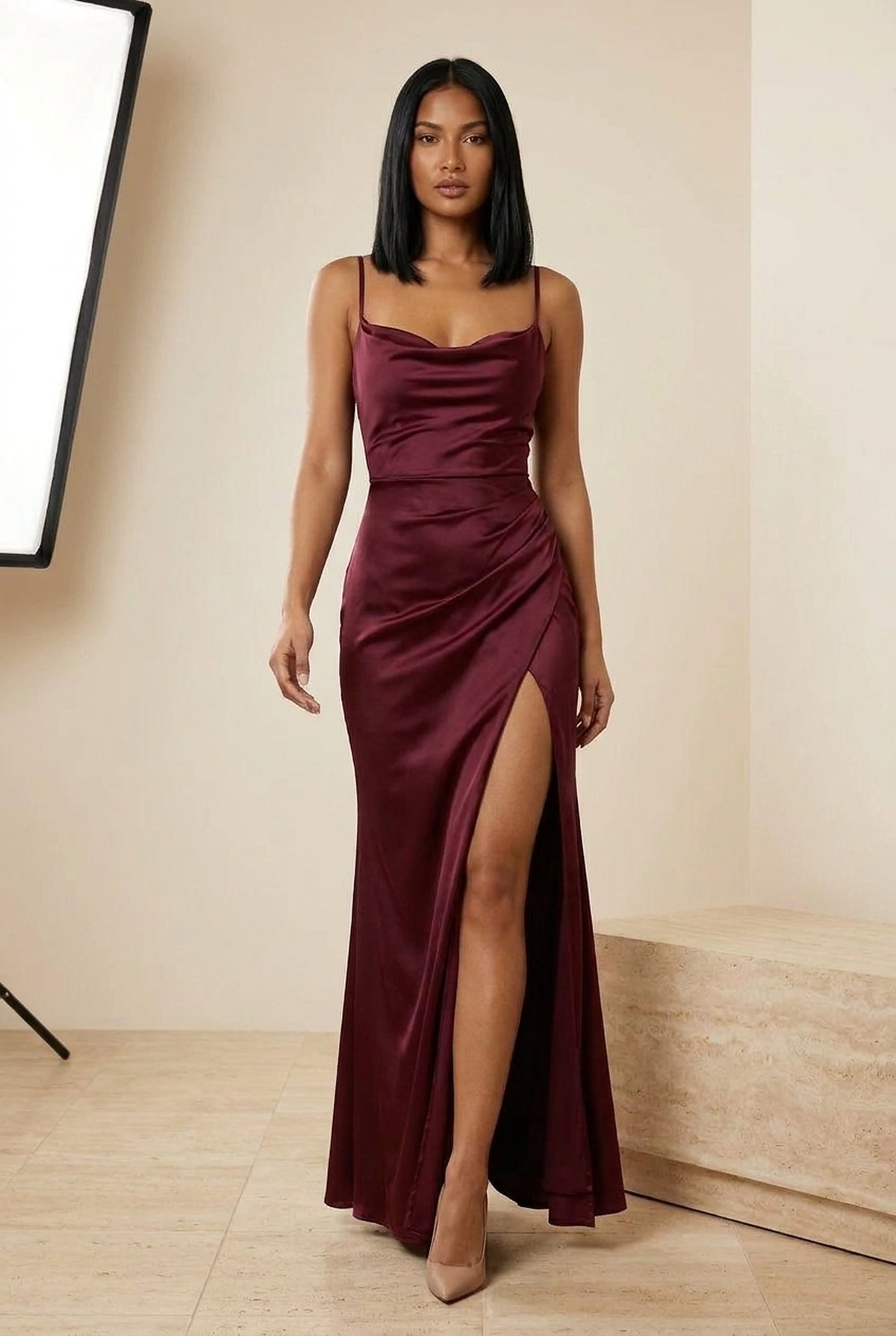Velvet Cowl Neck Split Maxi Dress in Burgundy, walking view – Petopet