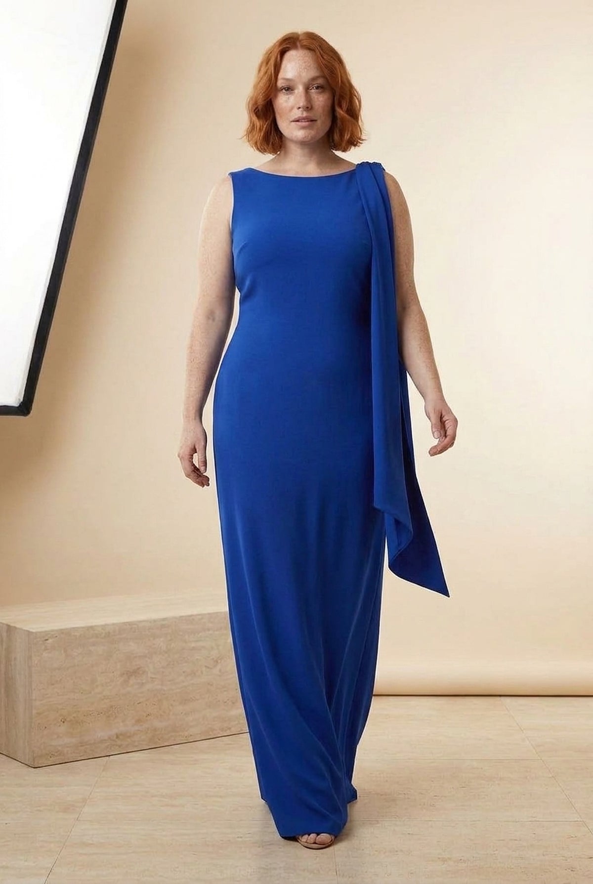 Draped One-Shoulder Bodycon Maxi Dress in Blue, walking view – Petopet