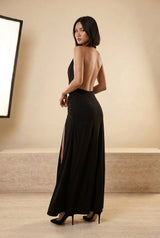 Plunge Halter Ruched Split Maxi Dress in Black, back view – Petopet