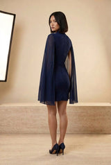 Sequin Cape Sleeve Cut-Out Mini Dress in Navy, back view – Petopet