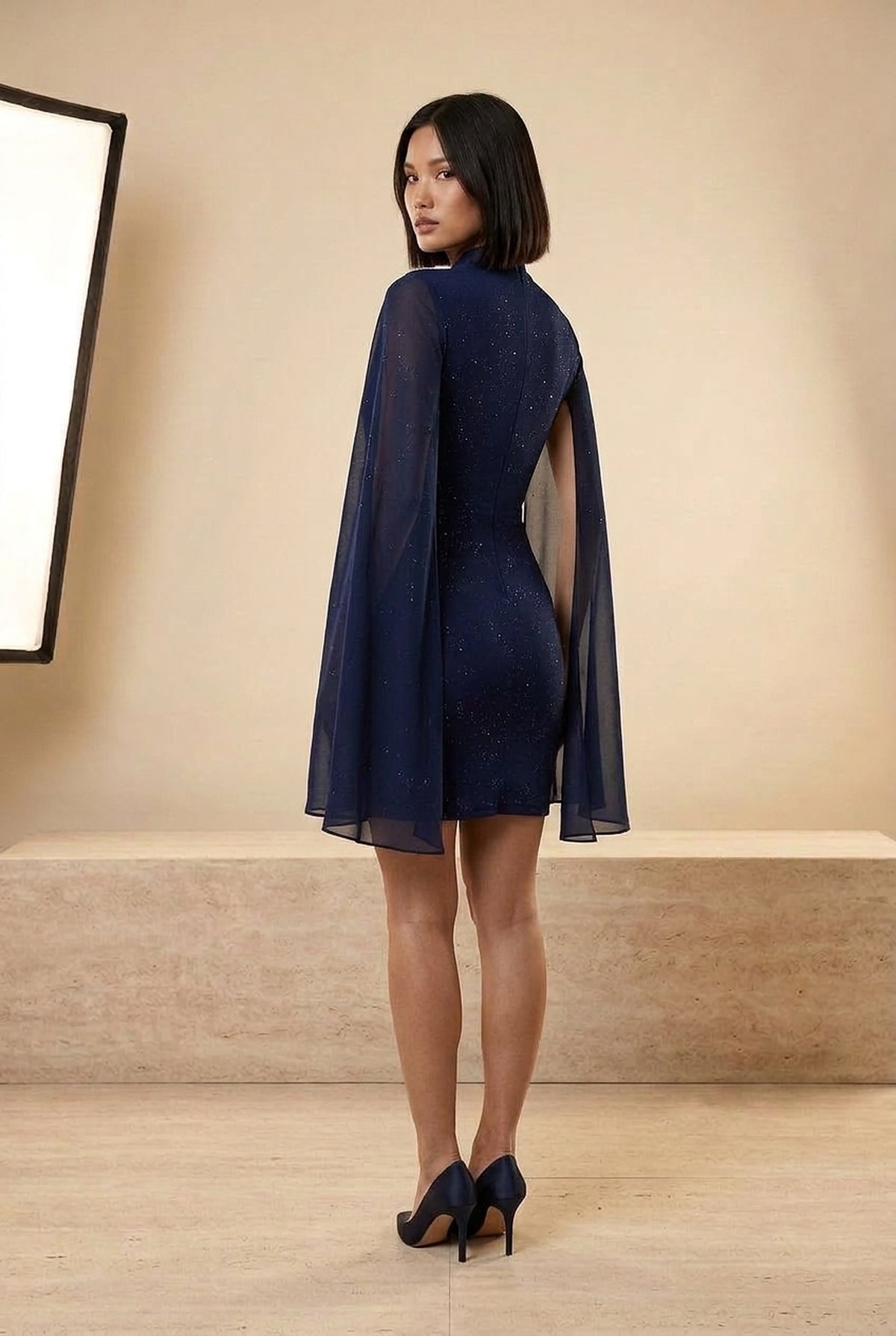 Sequin Cape Sleeve Cut-Out Mini Dress in Navy, back view – Petopet