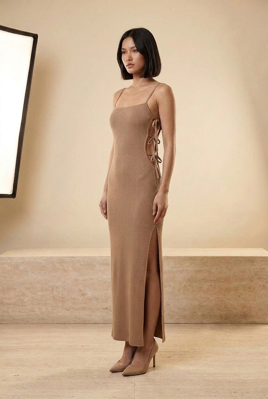 Ribbed Strappy Backless Split Midi Dress