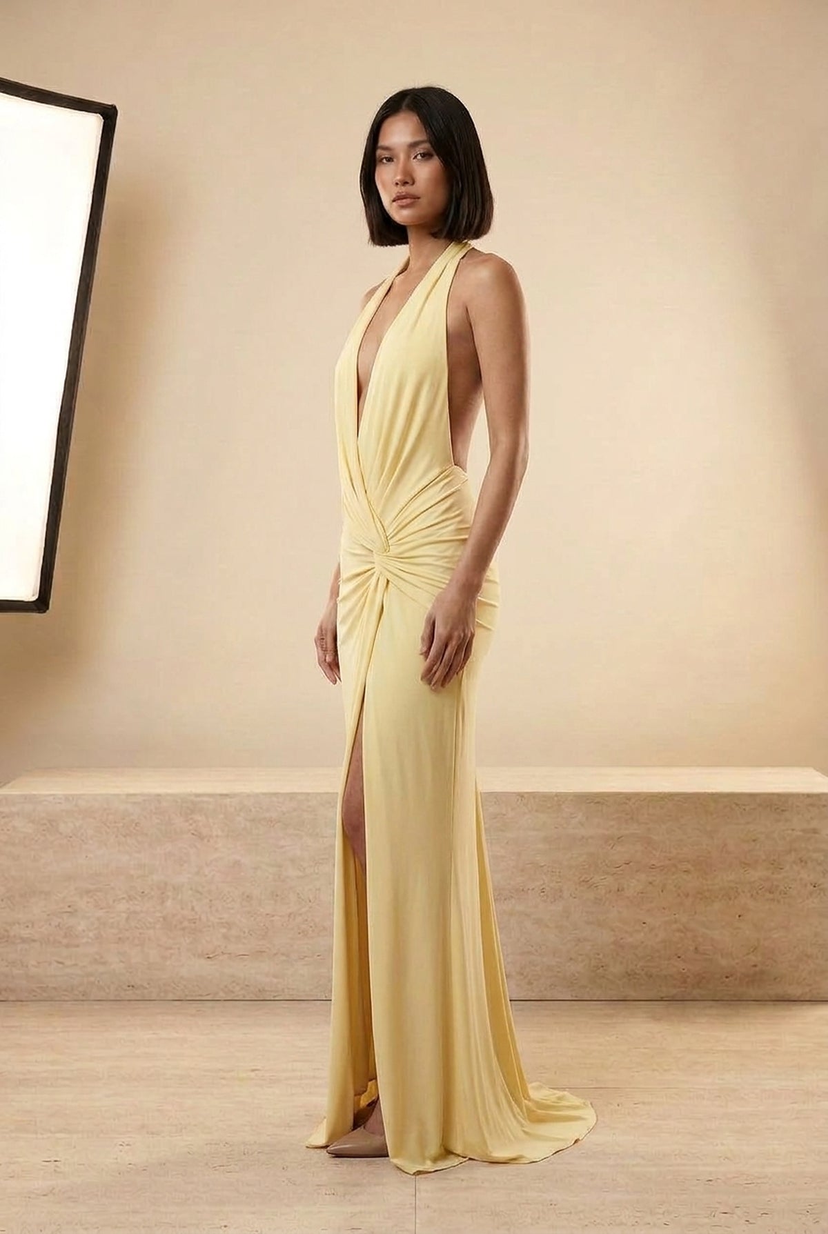 Plunge Halter Ruched Split Maxi Dress in Yellow, side view – Petopet