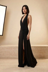 Plunge Halter Ruched Split Maxi Dress in Black, three-quarter view – Petopet