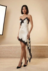 Contrast Lace Asymmetric Slip Mini Dress in Ivory, three-quarter view – Petopet