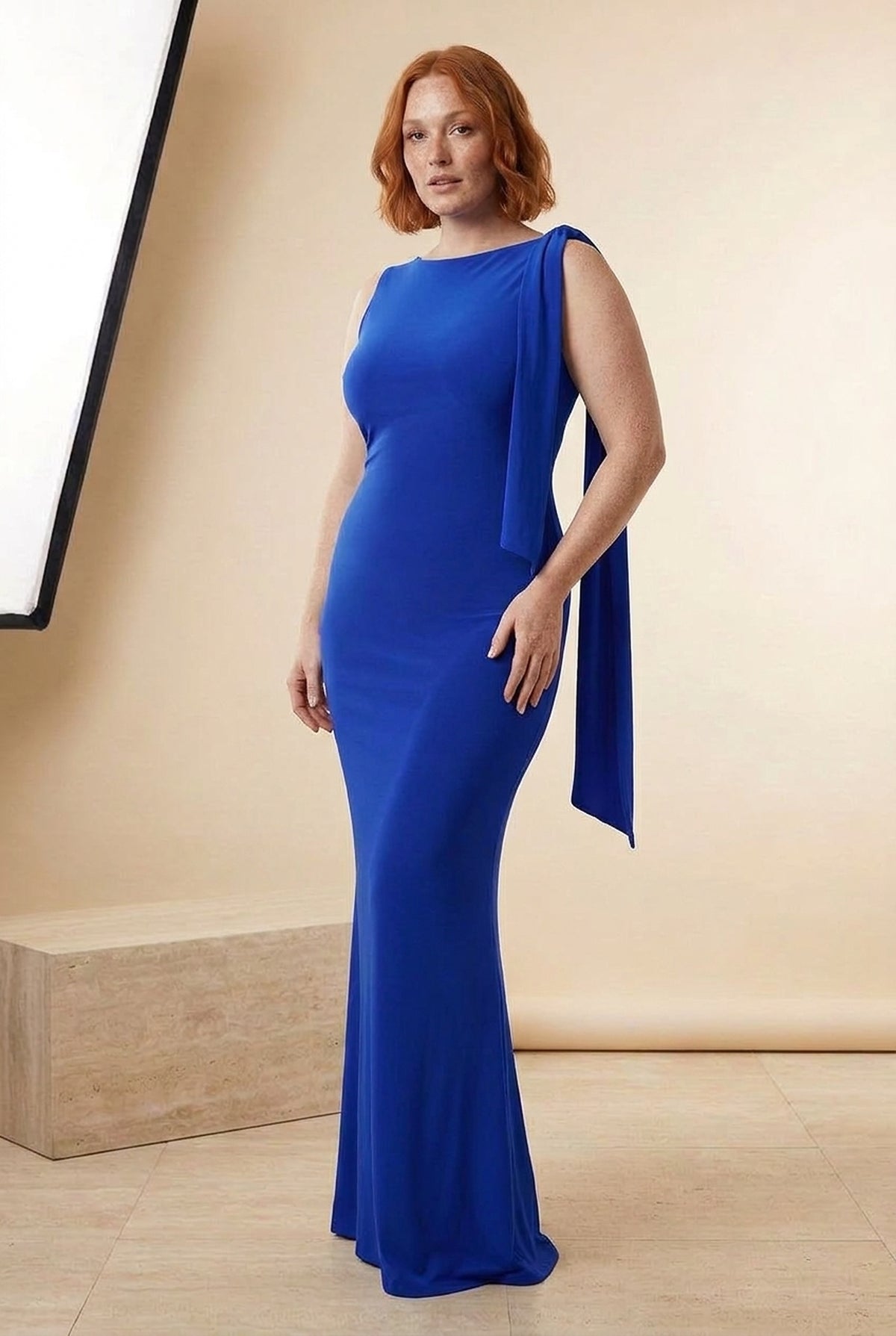 Draped One-Shoulder Bodycon Maxi Dress in Blue, three-quarter view – Petopet