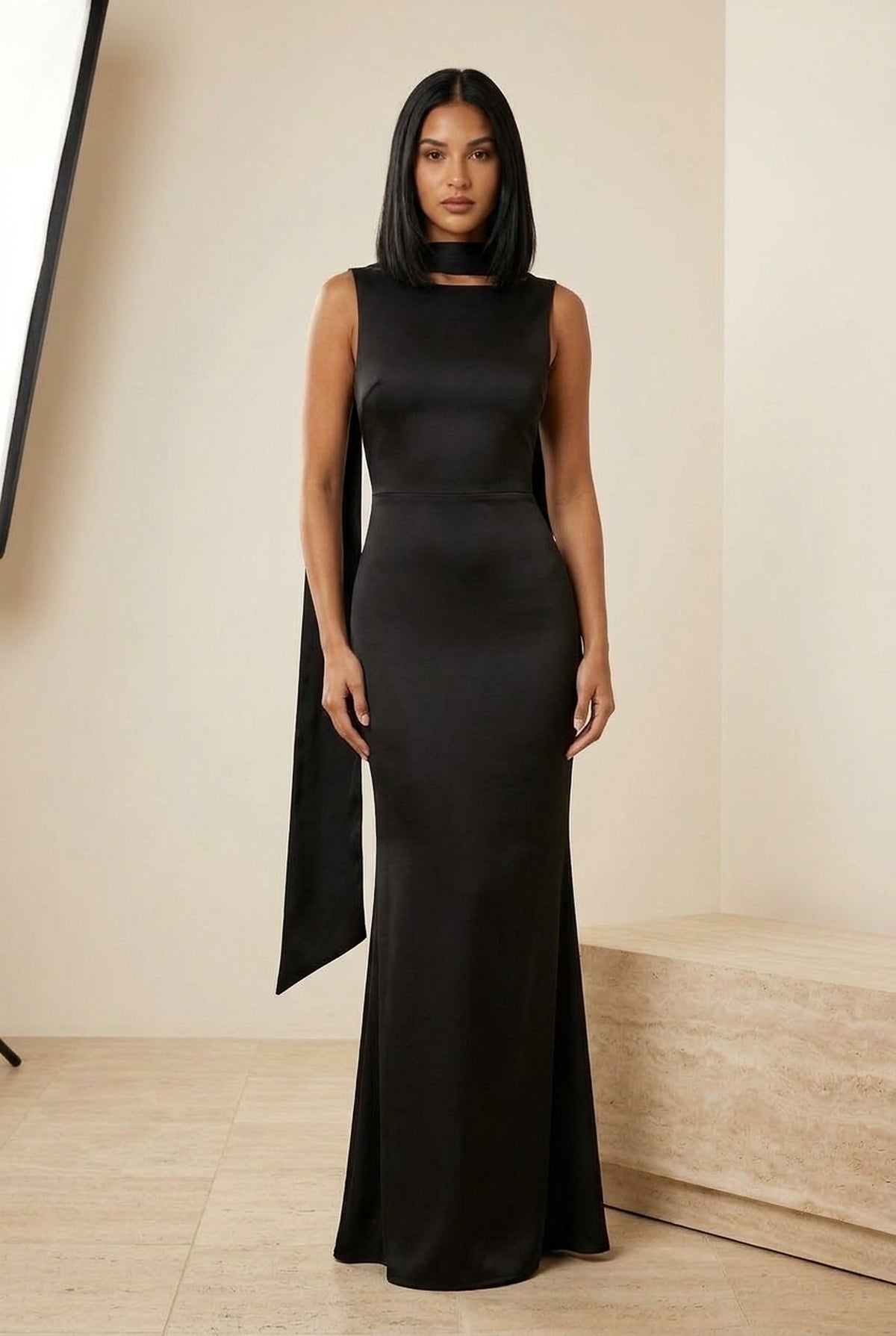 Draped One-Shoulder Bodycon Maxi Dress in Black, front view – Petopet