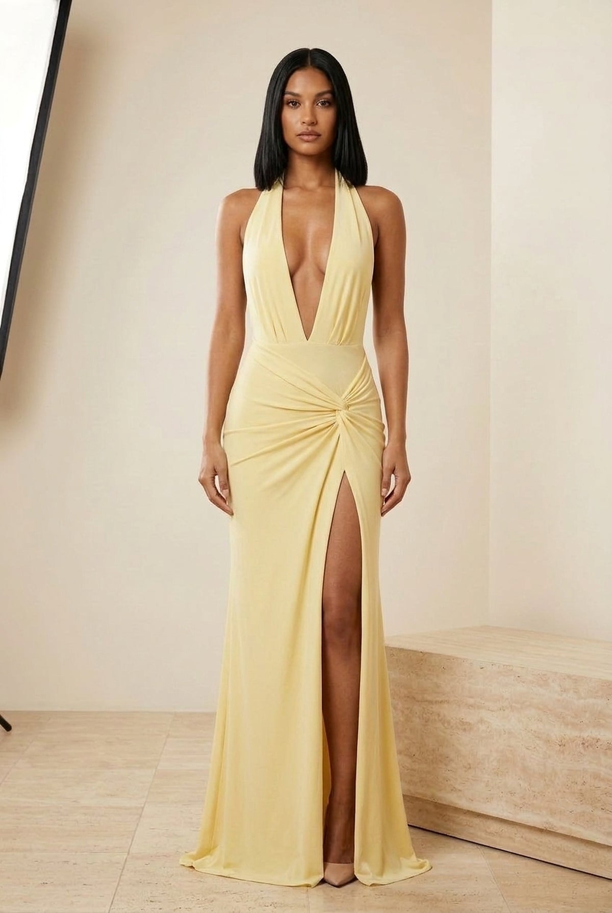 Plunge Halter Ruched Split Maxi Dress in Yellow, front view – Petopet