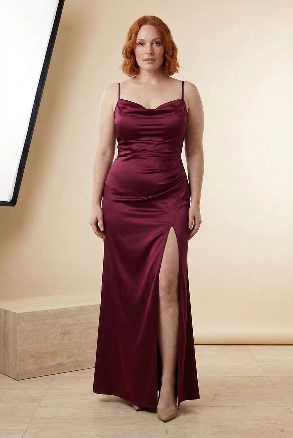 Velvet Cowl Neck Split Maxi Dress in Burgundy, front view – Petopet