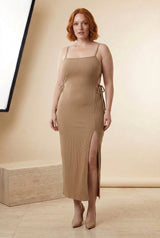 Ribbed Strappy Backless Split Midi Dress in Taupe, front view – Petopet
