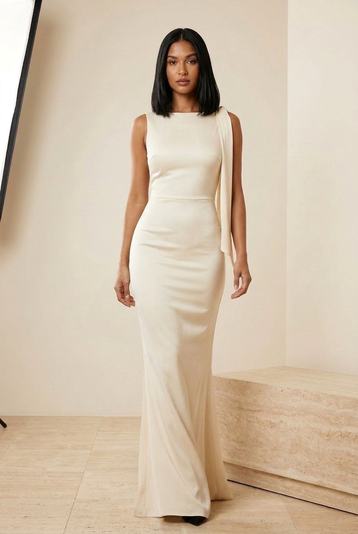 Draped One-Shoulder Bodycon Maxi Dress in Ivory, walking view – Petopet