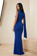 Draped One-Shoulder Bodycon Maxi Dress in Blue, back view – Petopet