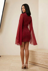 Sequin Cape Sleeve Cut-Out Mini Dress in Red, back view – Petopet