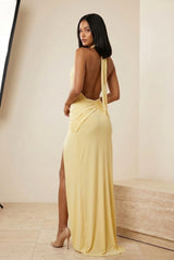 Plunge Halter Ruched Split Maxi Dress in Yellow, back view – Petopet