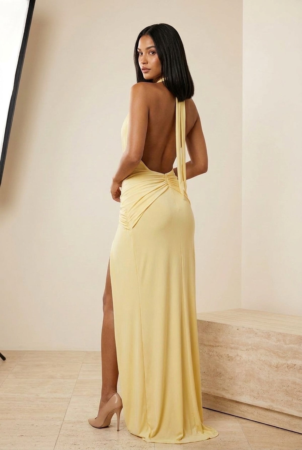 Plunge Halter Ruched Split Maxi Dress in Yellow, back view – Petopet