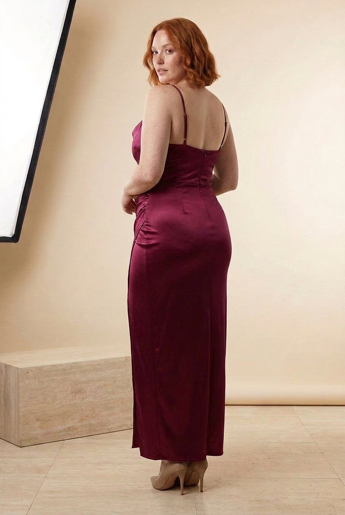 Velvet Cowl Neck Split Maxi Dress in Burgundy, back view – Petopet