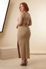 Ribbed Strappy Backless Split Midi Dress in Taupe, back view – Petopet