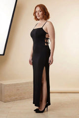 Ribbed Strappy Backless Split Midi Dress in Black, side view – Petopet