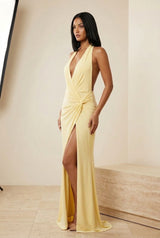 Plunge Halter Ruched Split Maxi Dress in Yellow, three-quarter view – Petopet