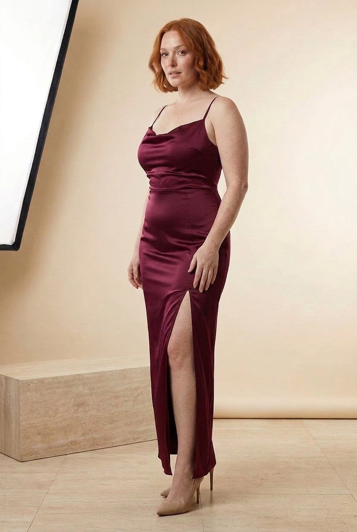 Velvet Cowl Neck Split Maxi Dress in Burgundy, three-quarter view – Petopet