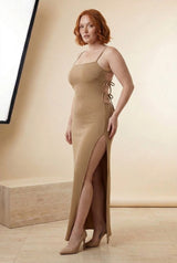 Ribbed Strappy Backless Split Midi Dress in Taupe, three-quarter view – Petopet
