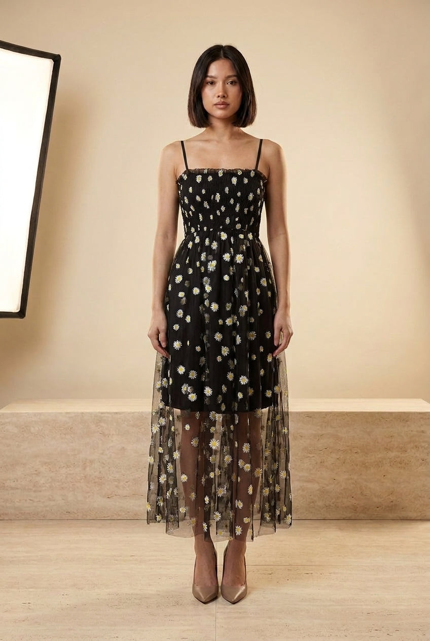 Daisy Embroidered Mesh Strappy Midi Dress