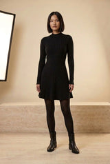 Ribbed High Neck Long Sleeve A-Line Mini Dress in Black, front view – Petopet