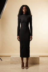 Sculpted Shoulder Long Sleeve Bodycon Maxi Dress in Black, front view – Petopet
