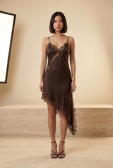 Lace Trim Asymmetric Satin Slip Mini Dress, front view – Petopet
