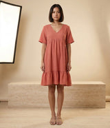 Relaxed V-Neck Ruffle Hem Mini Dress in Coral, front view – Petopet