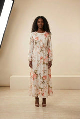 Floral Long Sleeve Bohemian Maxi Dress in Ivory, front view – Petopet