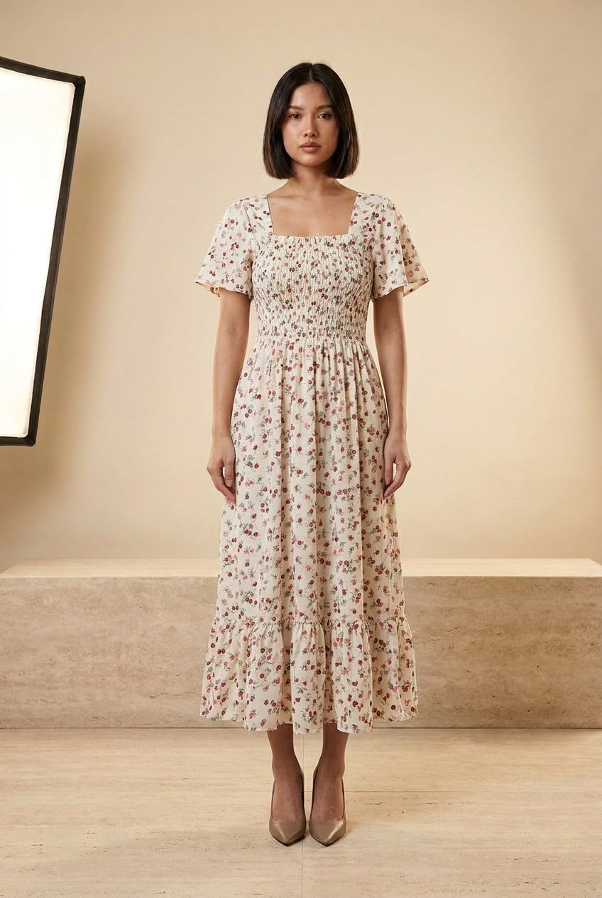 Floral Shirred Chiffon Midi Dress, front view – Petopet