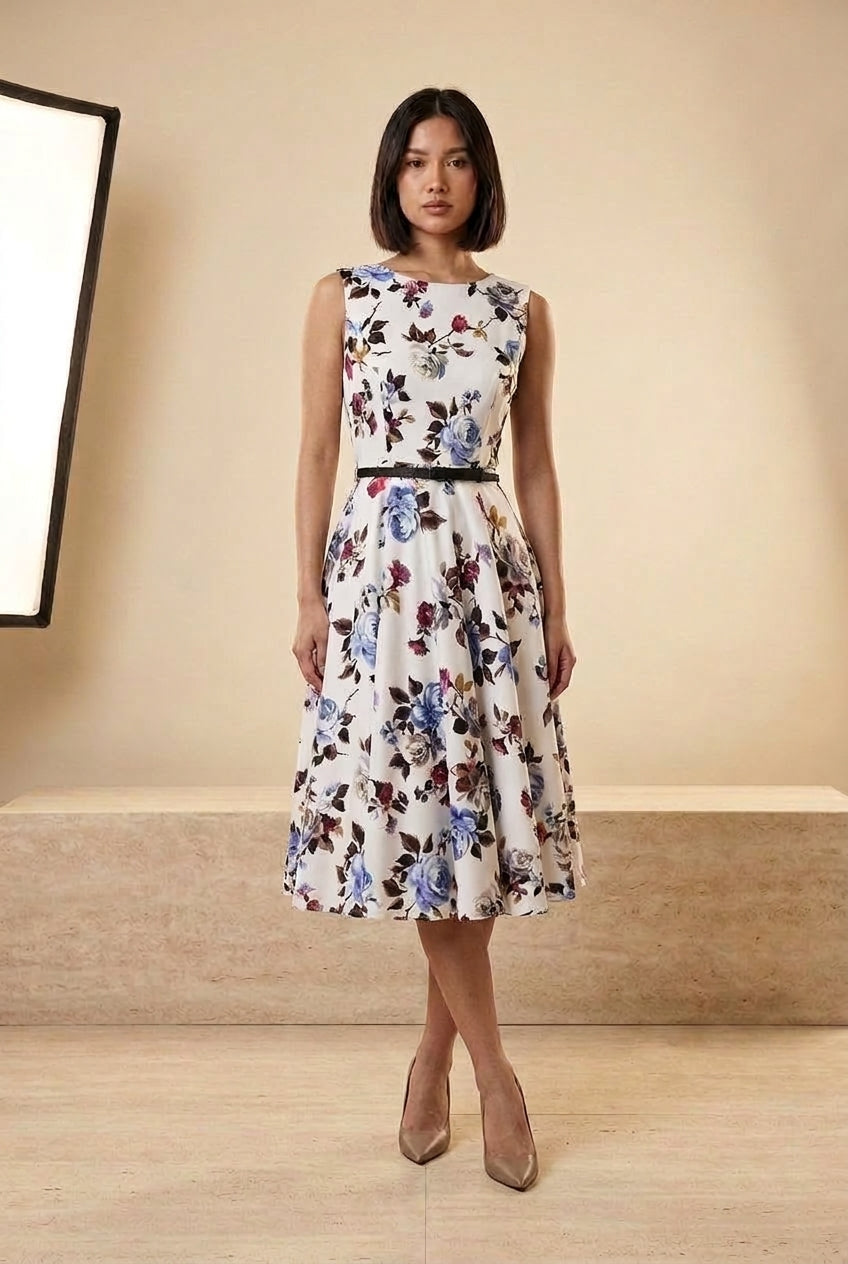 Floral Fit-and-Flare Vintage Midi Dress, front view – Petopet