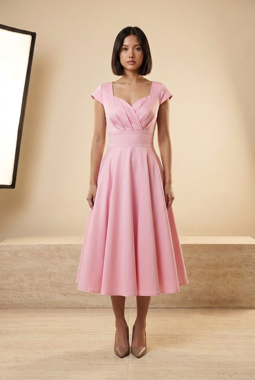 Vintage V-Neck Fit-and-Flare Midi Dress in Pink, front view – Petopet