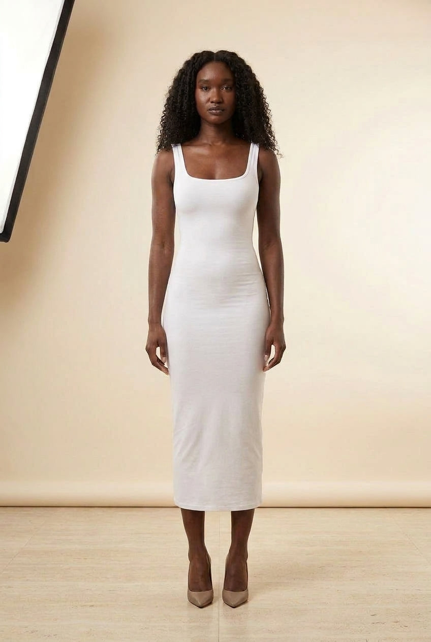 Square Neck Sleeveless Bodycon Midi Dress in White, front view – Petopet