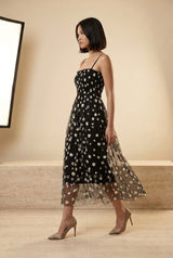 Daisy Embroidered Mesh Strappy Midi Dress in Black, walking view – Petopet