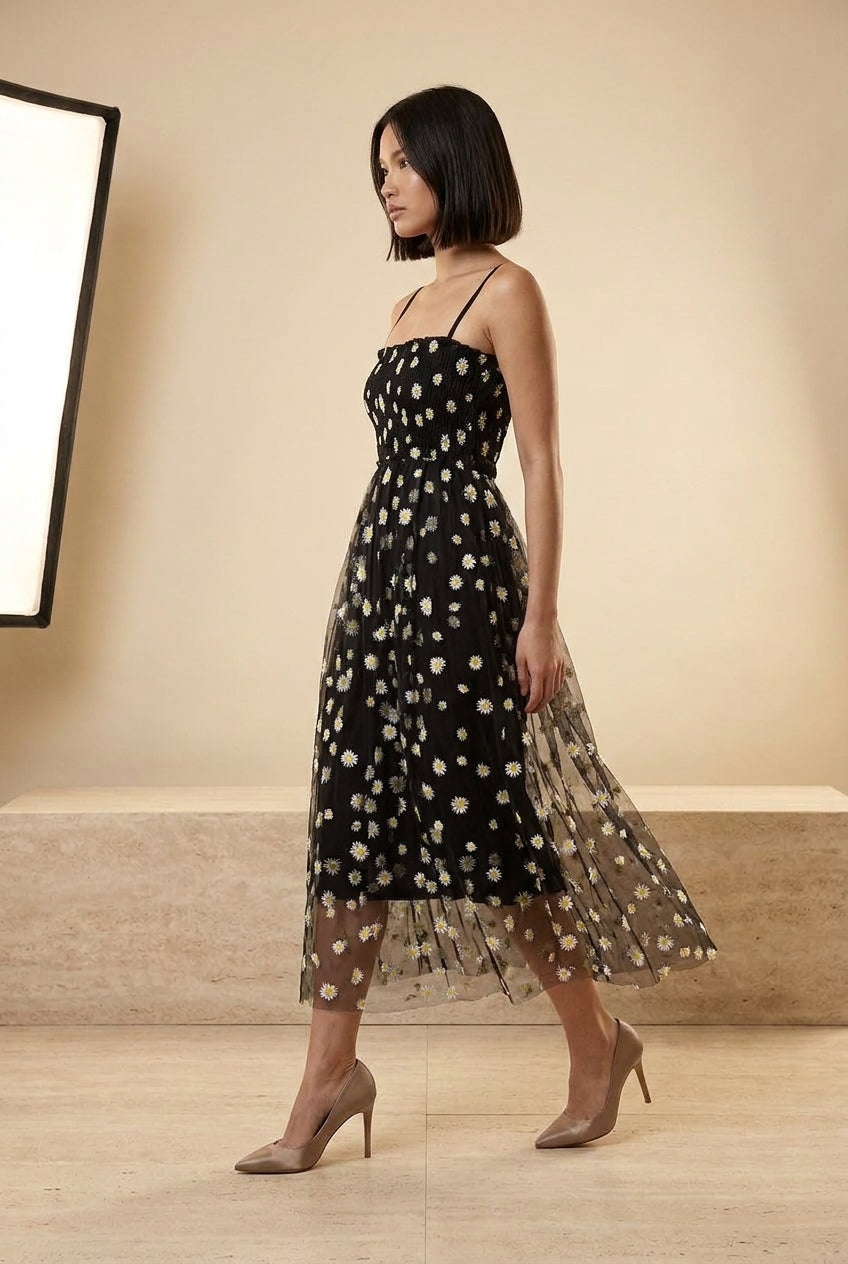 Daisy Embroidered Mesh Strappy Midi Dress in Black, walking view – Petopet