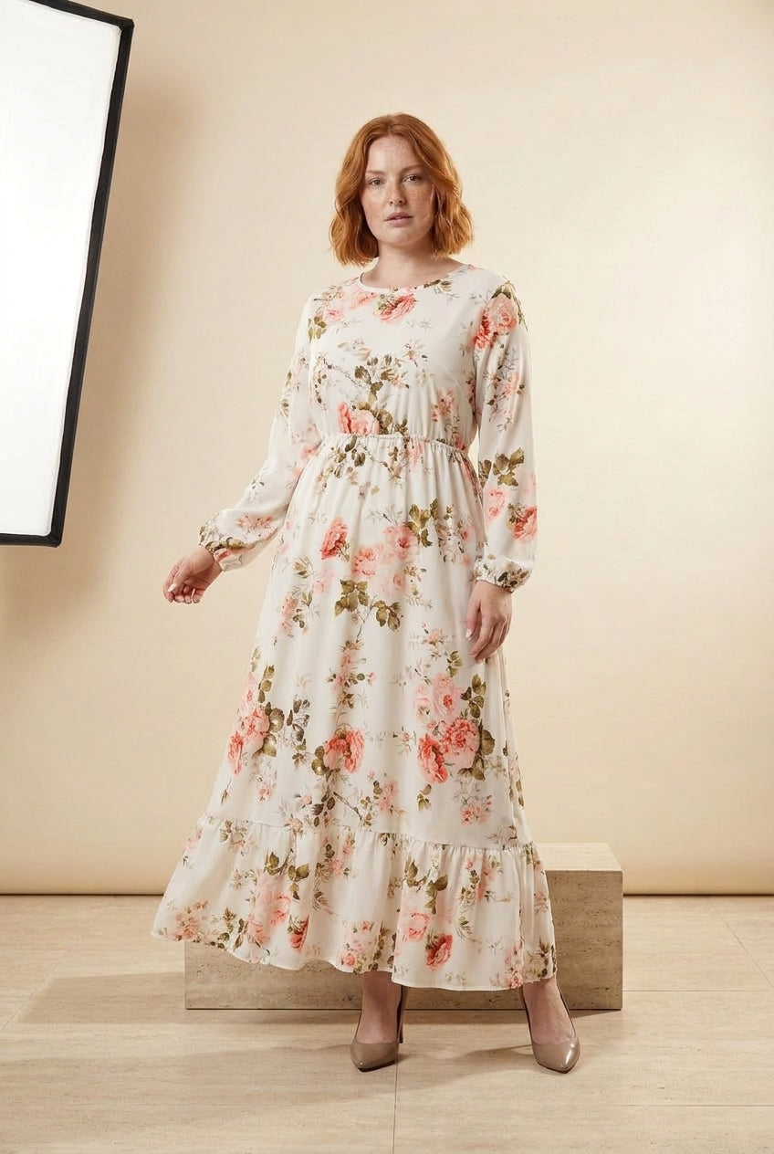 Floral Long Sleeve Bohemian Maxi Dress in Ivory, three-quarter view – Petopet