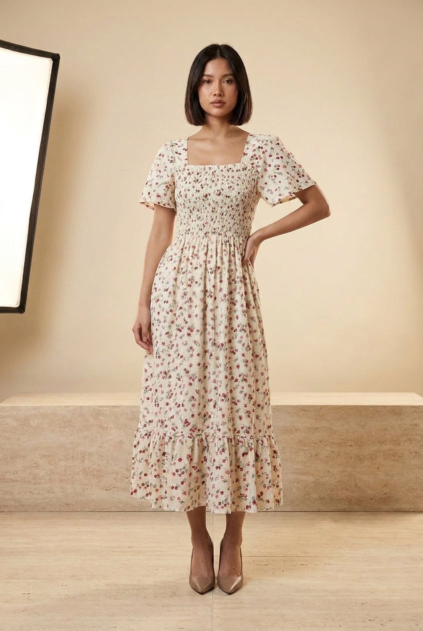 Floral Shirred Chiffon Midi Dress, three-quarter view – Petopet