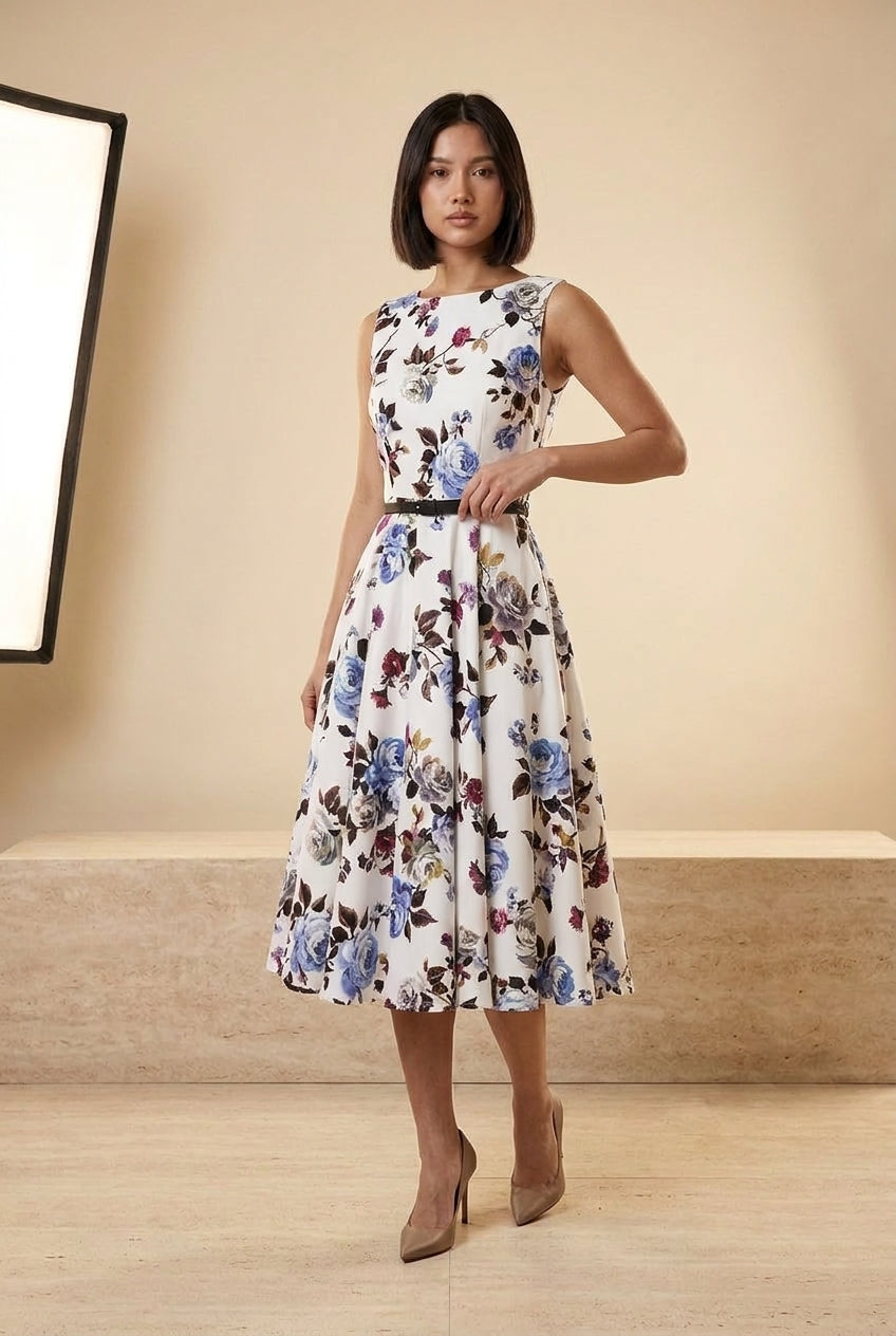 Floral Fit-and-Flare Vintage Midi Dress, three-quarter view – Petopet