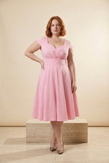 Vintage V-Neck Fit-and-Flare Midi Dress in Pink, three-quarter view – Petopet